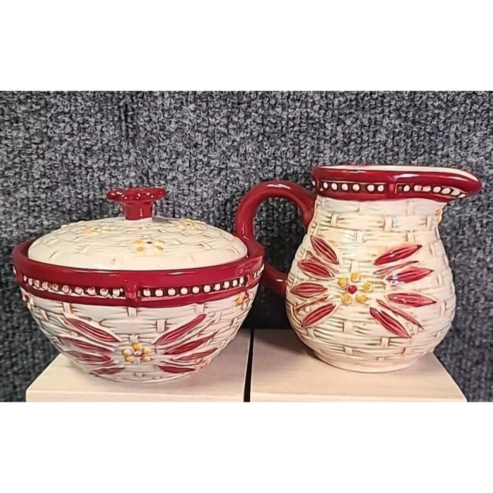 Temptations Old World Cream & Sugar Basketweave Red Pottery Country Kitchen